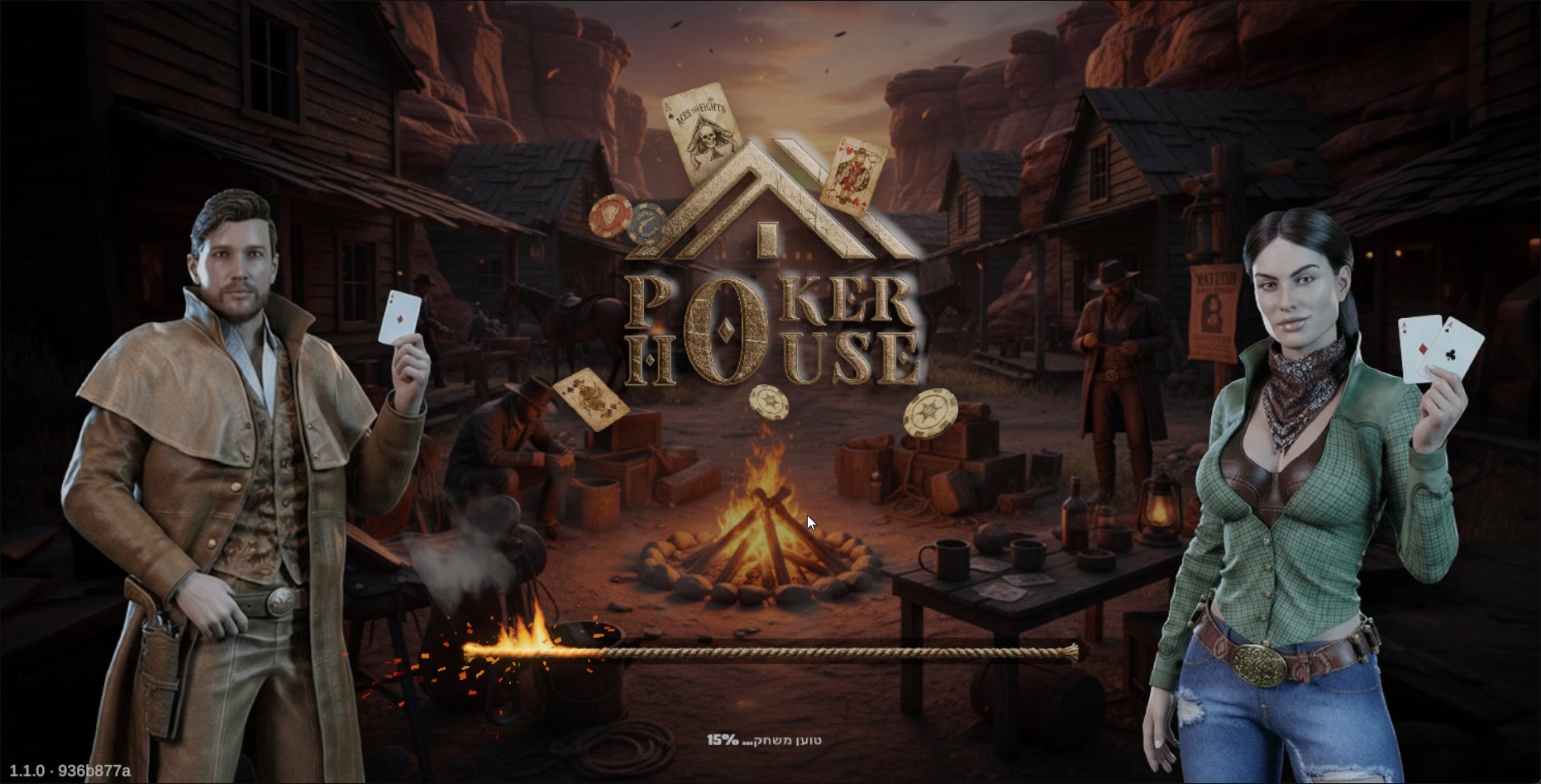 Poker House - free Texas Hold’em poker in the browser: two outlaws with cards in a Wild West saloon